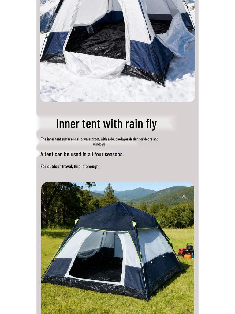 Four-Season Double-Layer Waterproof Tent with Quick-Open Design, Two Doors, Windows, and Ventilation for Camping.