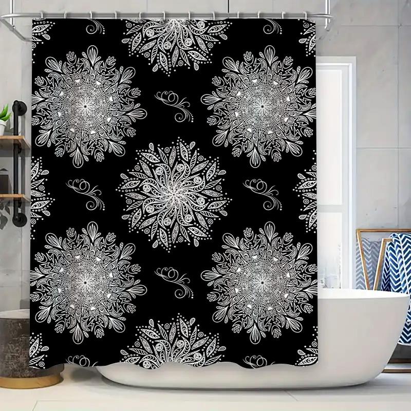 Modern White Floral Shower Curtain With Black Background Extra Long Waterproof Bathroom Decor 72 X 84 Inches (180Cm X 213Cm)