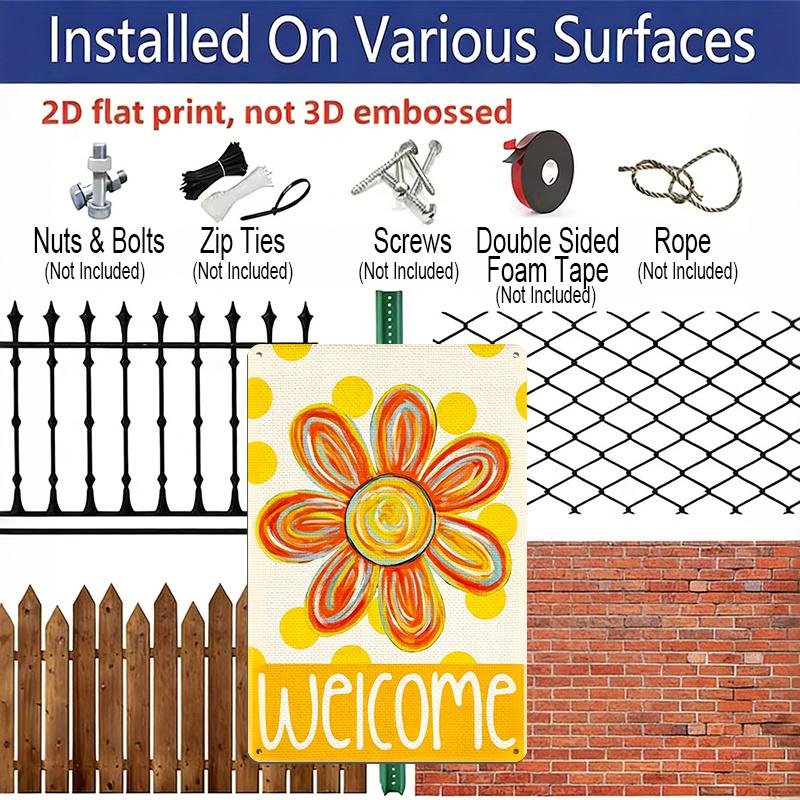 2D Flat, 1pc Colorful "Welcome" Flower Metal Wall Art Sign - 8*12 Inch Aluminium Boho Floral Decor, Polka Dot Orange Flower Plaque, Perfect for