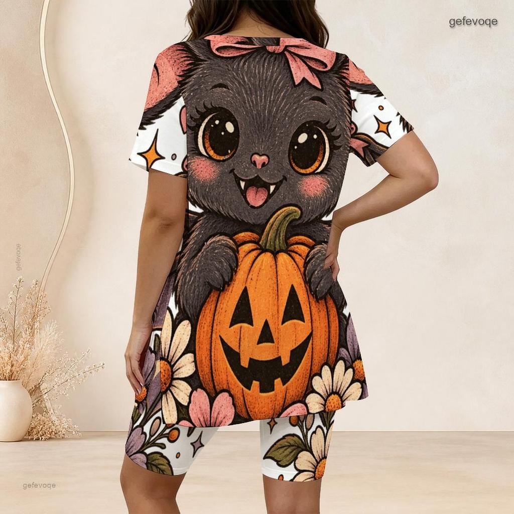 Women Plus Size Two Piece Set Pumpkin Bee Floral Print Round Neck Short Sleeve Split Top Knee Length Pants