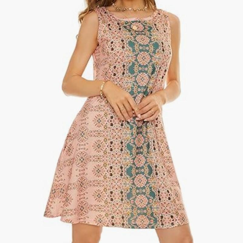 

2025 Европейское и американское женское летнее платье пляжное богемное без рукавов ретро цветочное элегантное с карманами жилет юбка 1098 S коралловый