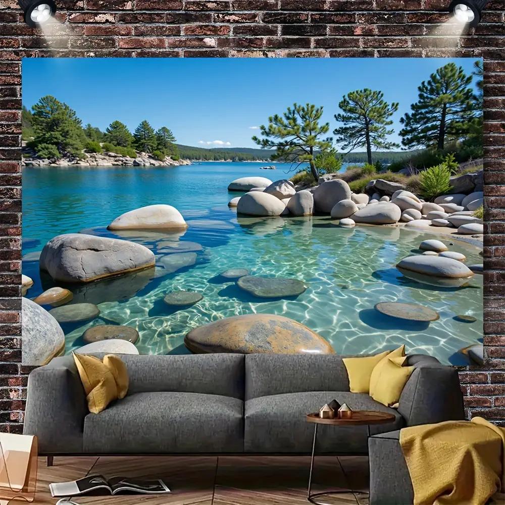 One backdrop, depicting the mountain and lake landscape, showcasing the vivid green forest reflection