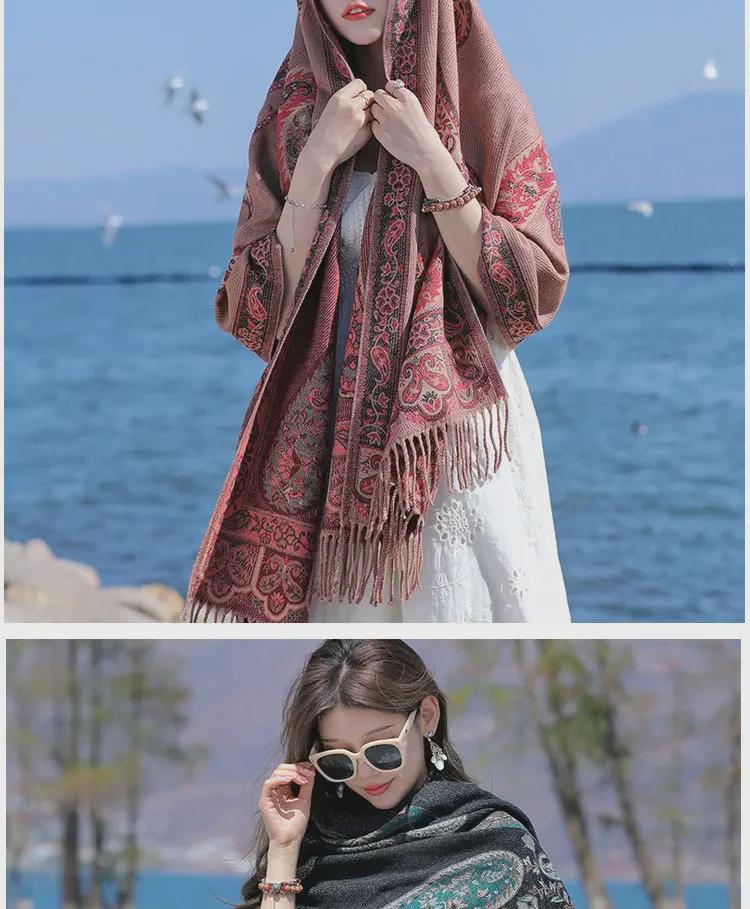 Ethnic Style Cashew Pattern Shawl Cloak Scarf: Imitation Cashmere, Thick, Dual-Purpose Women's Accessory for Autumn/Winter