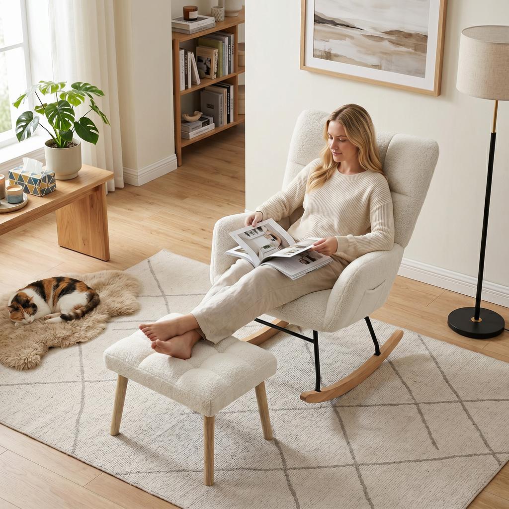 Rocking Chair With Footrest Boucle Fabric Rocking Chair Padded Seat Wide Backrest Cream