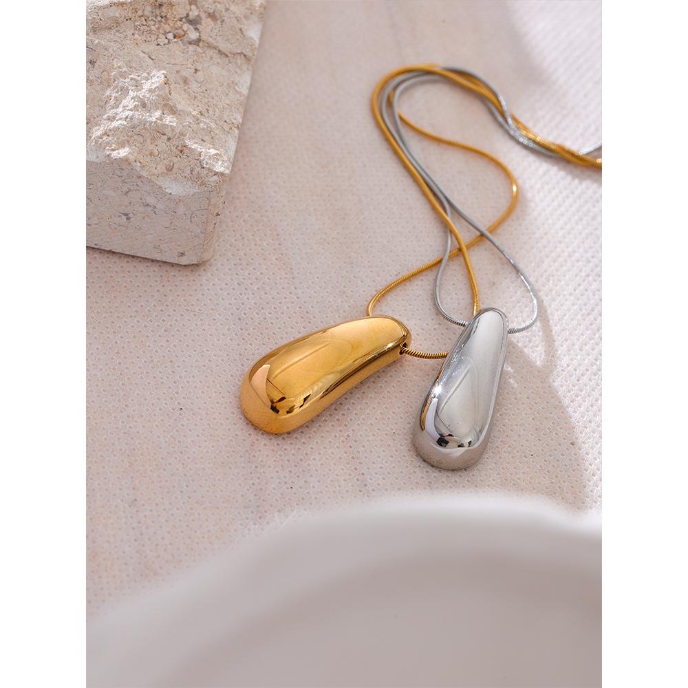 Yhpup Waterproof Metal Smooth Water Drop Pendant Collar Necklace Stainless Steel Metal Chain Statement Neck Jewelry Gift