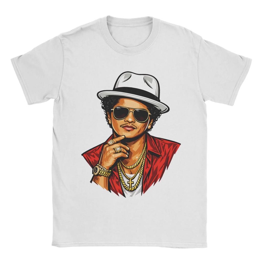 Herren T-Shirts Rapper Bruno Mars Vektorstil Vintage Reines Baumwoll-T-Shirt Kurzarm T-Shirts Rundhals Kleidung Große Größen