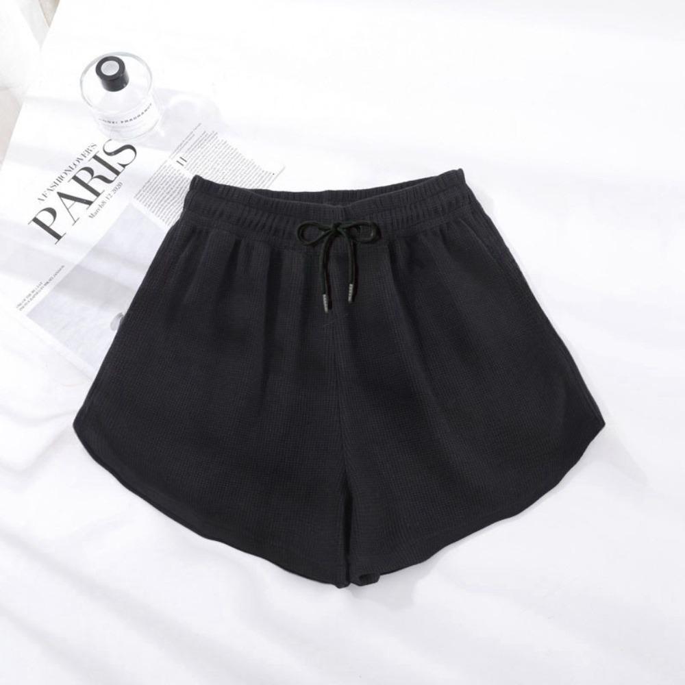 Women's Elastic Waist Wide Leg Shorts Loose Fit Sweatshorts Waffle Knit Medium Stretch Solid Color Summer Casual Loungewear Shorts