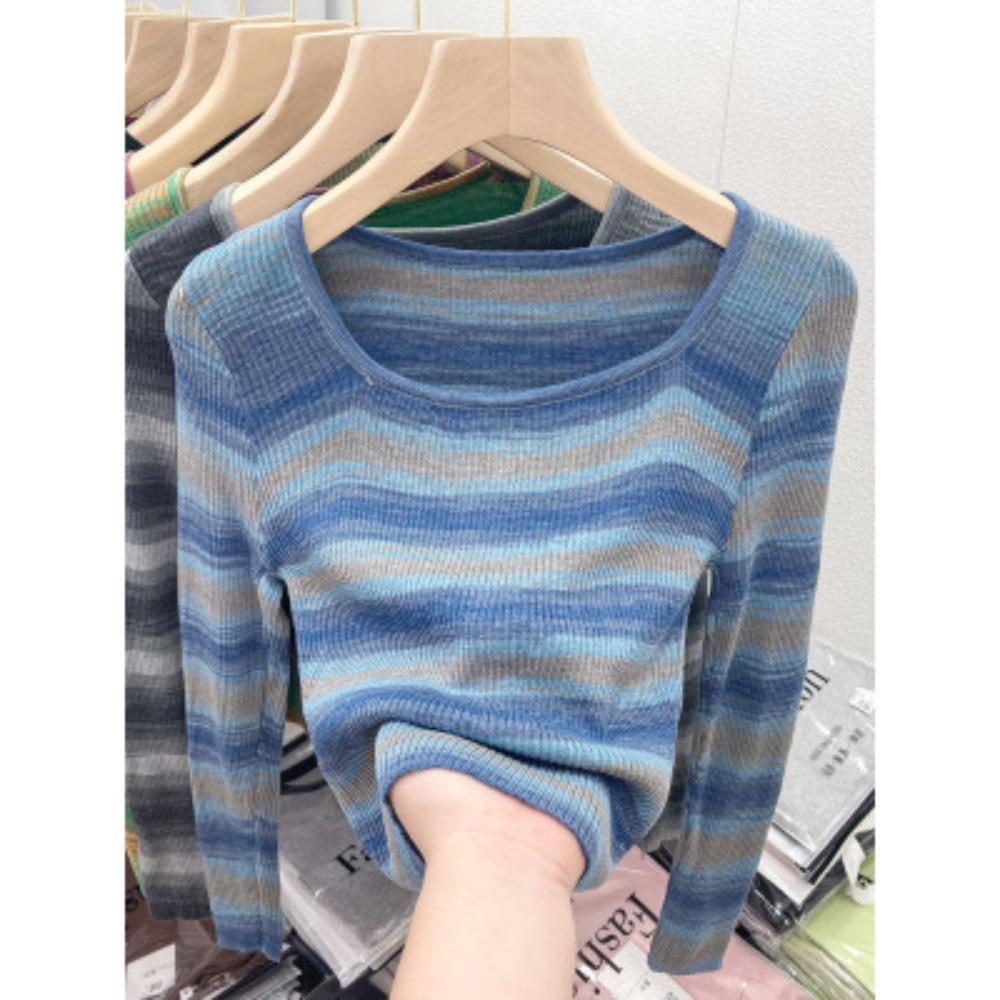 Autumn's New Retro Square-neck Rainbow Striped Knitted Sweater, Women's Long-sleeved Base Sweater, Slim Short Top