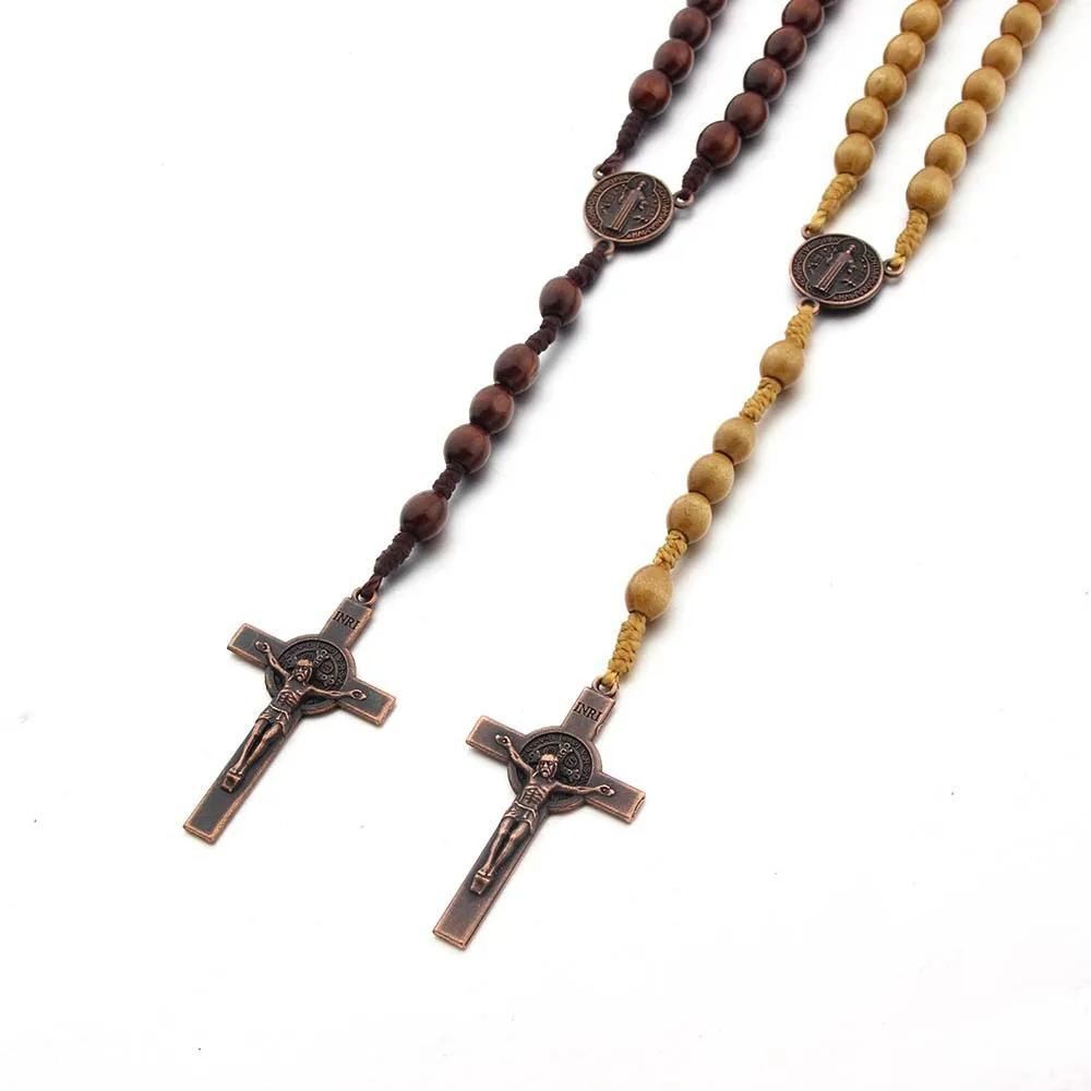 Handmade Wood Beads Rosary Necklace For Women Men Crucifix Cross Pendant Long braided Rope Chain Religious Praye Jewelry