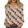 Women's Fashionable Casual V-neck Blouse Button Christmas Printed Long-sleeved Pullover T-shirt Top
