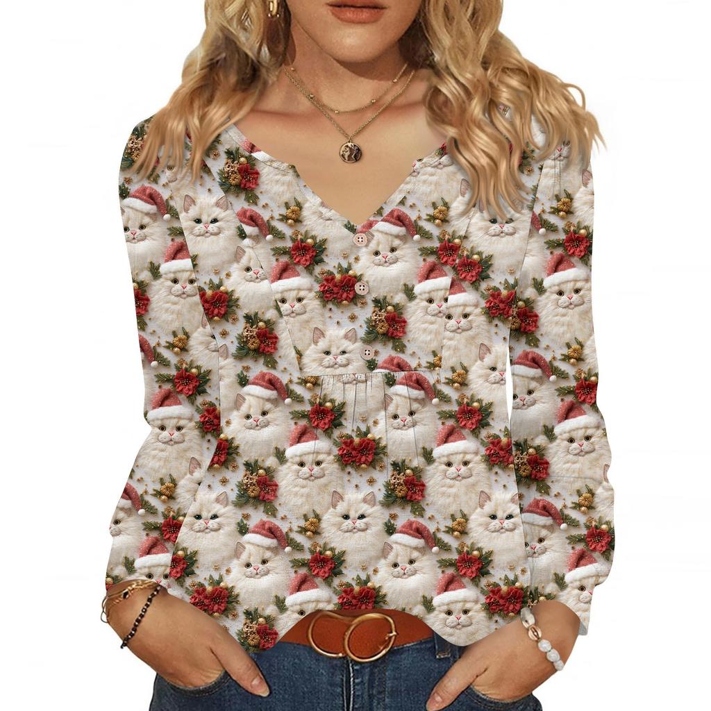 Women's Fashionable Casual V-neck Blouse Button Christmas Printed Long-sleeved Pullover T-shirt Top