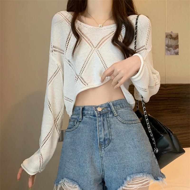 

Женский трикотажный свитер с длинными рукавами, устойчивый к воздействию солнца, с уникальным летним дизайном, с нишевой ажурной ромбовидной сеткой в стиле кэжуал. One size белый