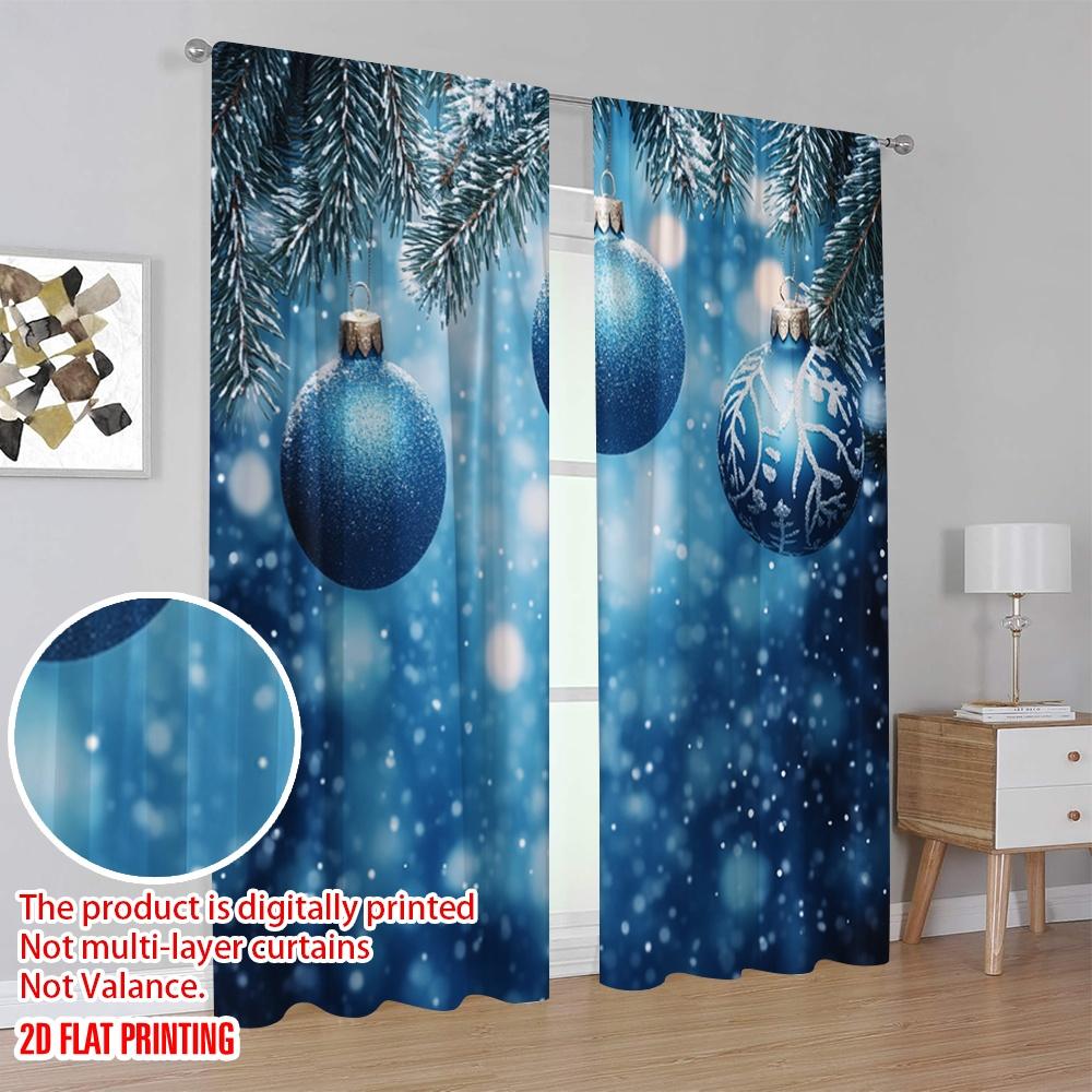 2pcs,2D Plane Printing Curtains&Window Treatment Blue Christmas Ornaments Snow (3) Versatile Polyester Fabric (without Rod) Room