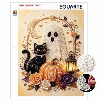 Halloween Pearl Painting Kit Ghost Black Cat Pumpkin Floral Handmade DIY Home Decoration Painting