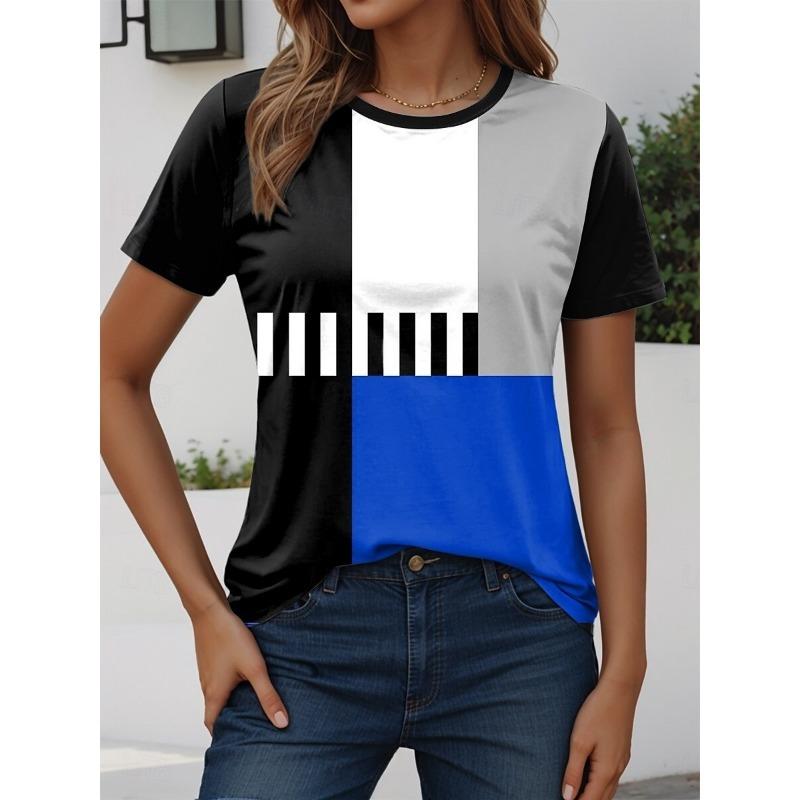Women's T Shirt Graphic Geometric Vintage Stylish Modern Short Sleeve Crew Neck Regular Tops Daily Print Red Royal Blue Green Summer