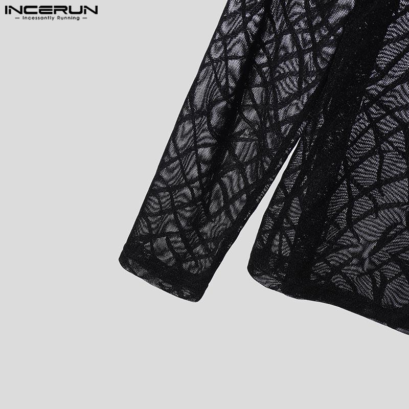 INCERUN Men Round Neck Long Sleeve Mesh Skinny Tops See Through T-shirts Undershirts