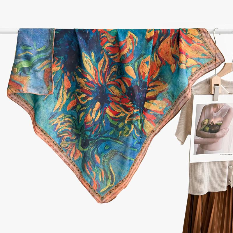Pastoral Floral Velvet Double-sided Scarf 91 Large Square Scarf Women's Summer Travel Photo Silk Scarf Sun Protection Shawl