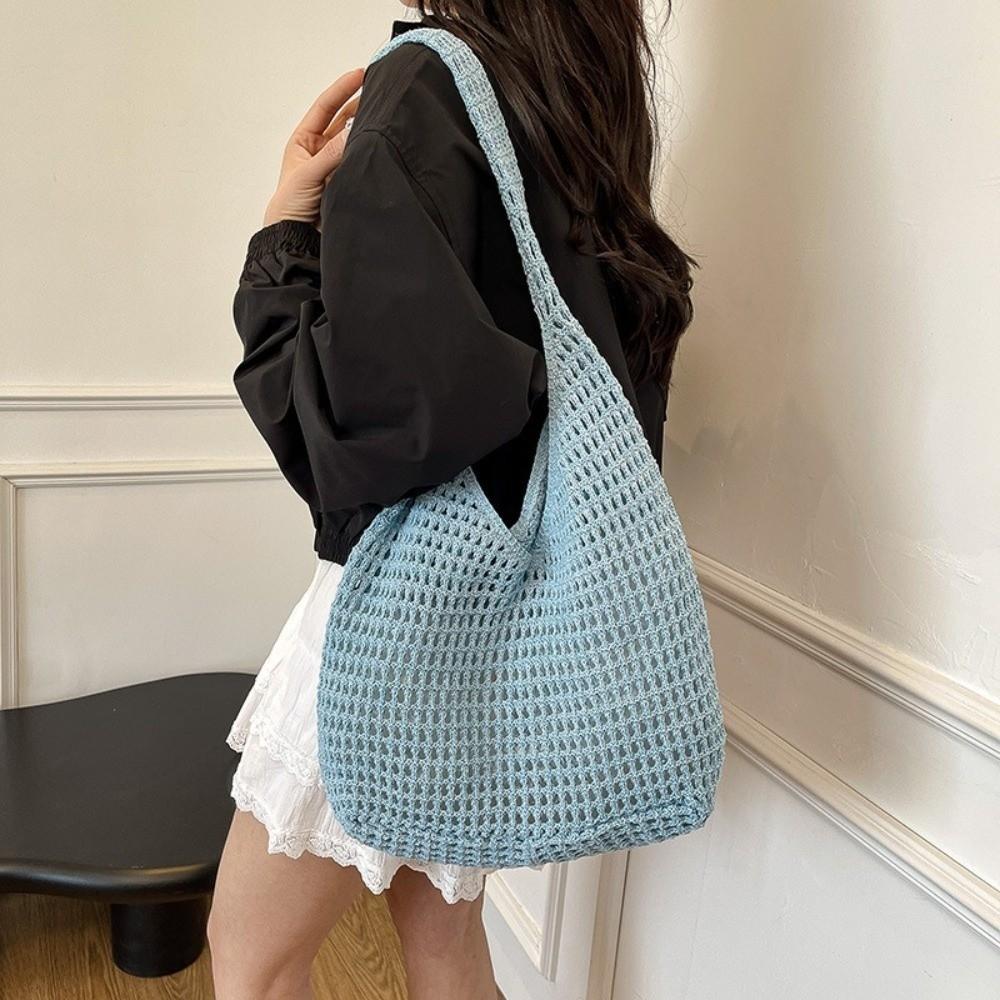 Large Capacity Knitted Shoulder Bag Solid Color Woven Handbag Durable Crochet Mesh Tote Bag Summer