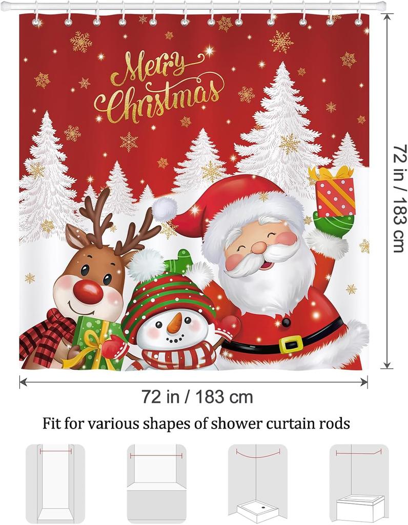 Merry Christmas Shower Curtain, Cute Santa Claus Reindeer Snowman Winter Holiday Bathroom Decor Polyester Fabric Waterproof