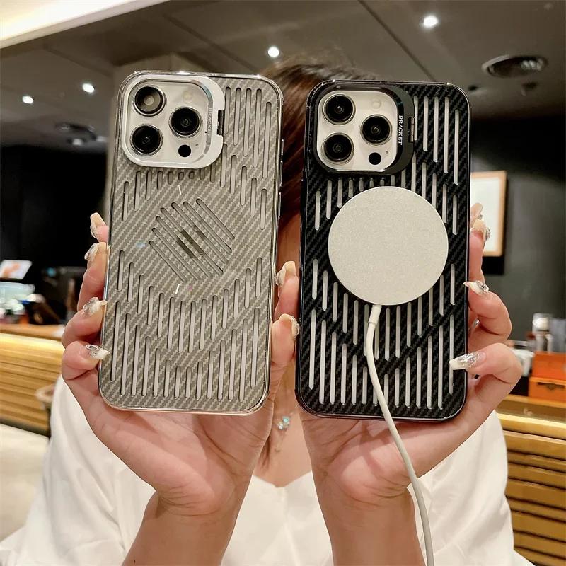 Luxury Hollow Heat Dissipation Magnetic Phone Case for iPhone 16 15 14 13 Pro max Camera Folding Stand Cover