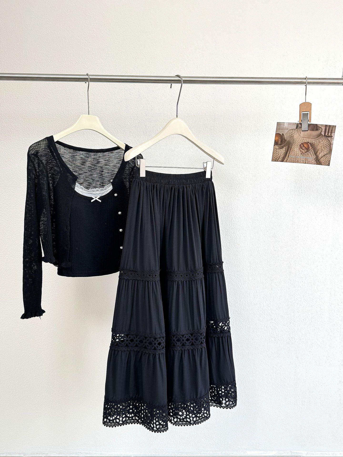 2026 Spring/Summer Patchwork Lace Fairy Midi Skirt with Embroidery and Draping A-line One Size чёрный