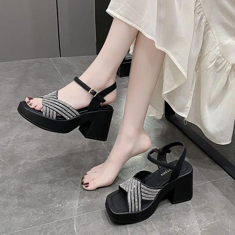 Fashion Rhinestones Square Heels Sandals for Women Summer Sales 2025 Offers New Breathable Fashion Offer Woman Shoes On Sale Wholesale