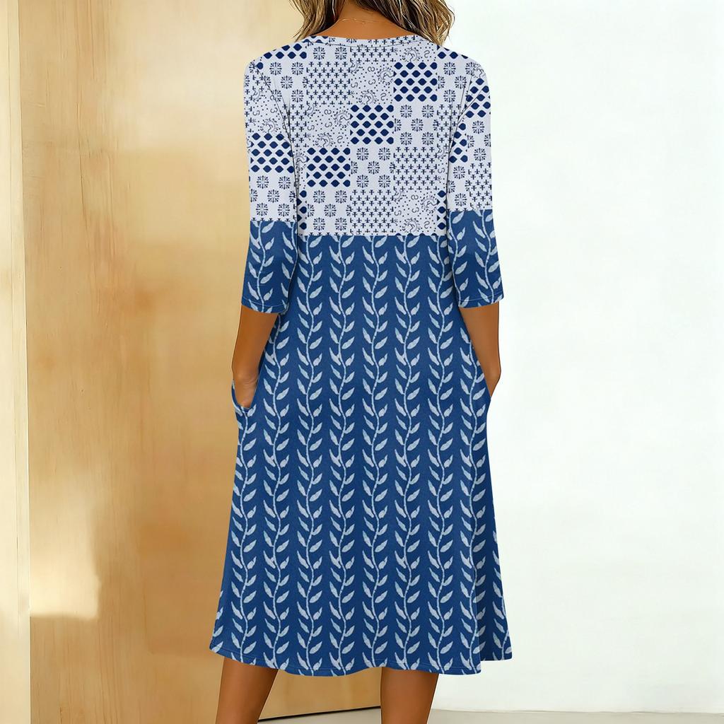 Vestido Casual de Moda para Mujer con Estampado de Colores, Cuello Redondo, Manga 3/4, Cuello con Botones, Longitud Media