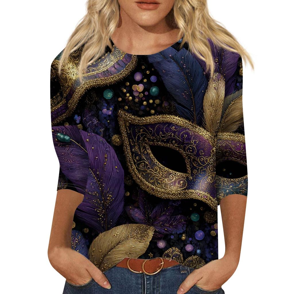 Top de Cuello con Estampado de Carnaval de Manga Tres Cuartos Casual y a la Moda para Mujer