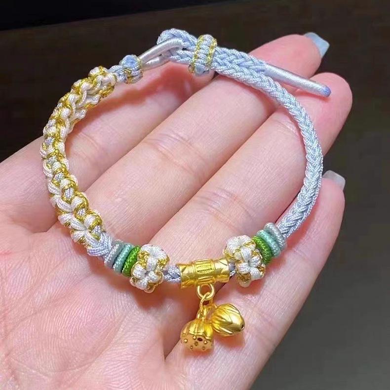 Shuibei 999 Reingold Ping'an Schnalle Armband mit goldenen Glücksperlen - Geflochtenes Handseil Valentinstag Qixi Geschenk