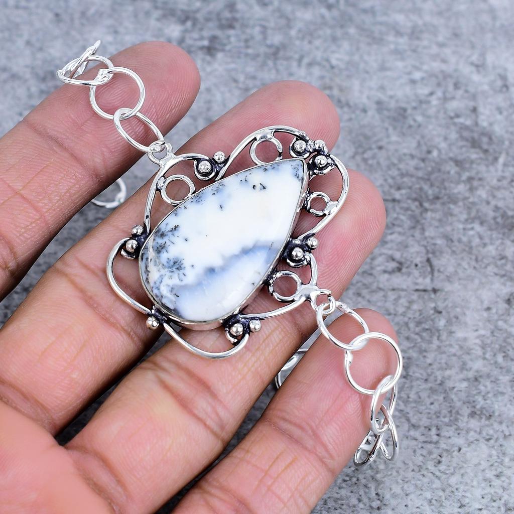 Dendrite Opal Gemstone Handmade 925 Sterling Silver Bracelet 7-8" M-2728