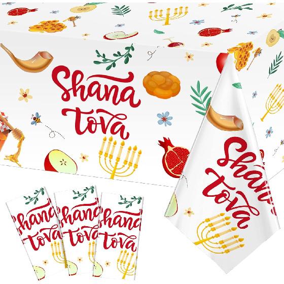 Tiamon 3 Packs Rosh Hashanah Tablecloth Waterproof Rectangular Plastic Table Cover Shana Tova High Holy Day Table Decorations Je New Year Tablecloth
