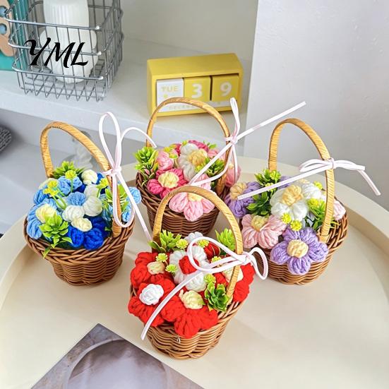 Crocheted Floral Desktop Ornament Hand Knitted Wool Flower Basket, Decorative Mini with Home Accents for Counter Ribbon, Plant Office And Photography