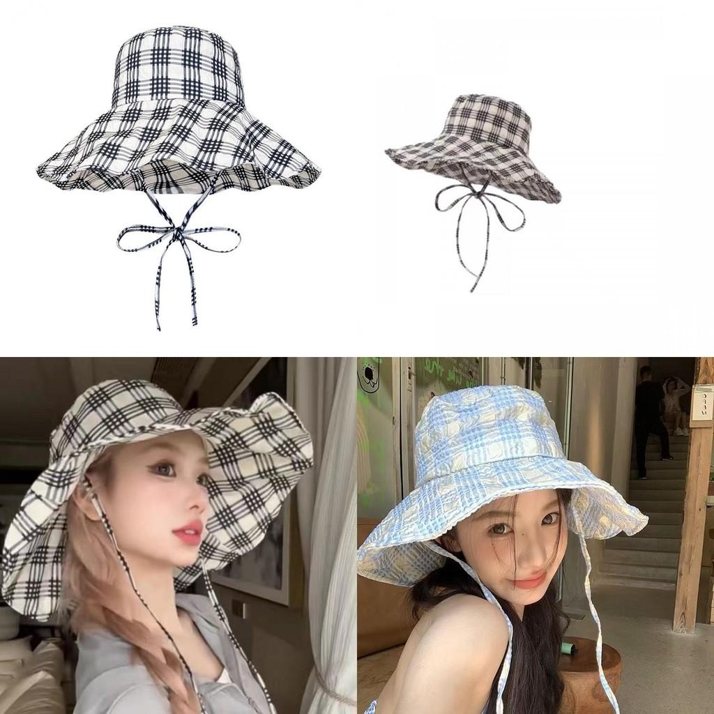 Sun Hat With Wide Brim And Grid Printing Design For Sun Protection Outdoor Casual Summer