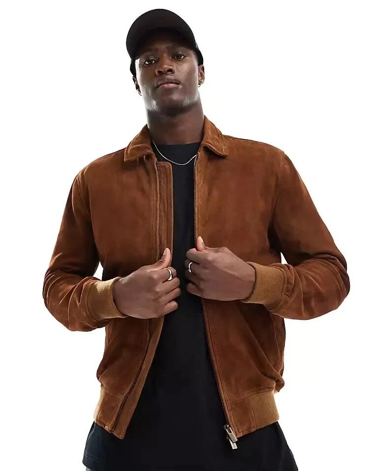 Suede Bomber Original Leather Jacket Pure Lambskin Handmade Biker Soft Stylish Men Brown