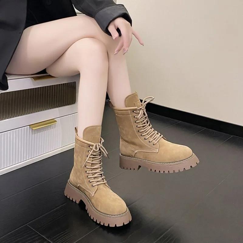 Fashion New Western Boots Women Shoes Leather Suede Patchwork Botines Thick Med Heel Platform Leisure Ankle Boots Ladies Shoes