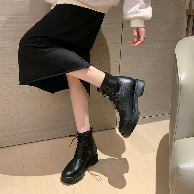 Thick-soled Martin boots women's autumn and winter new British style brown elastic thin boots short soft leather short boots