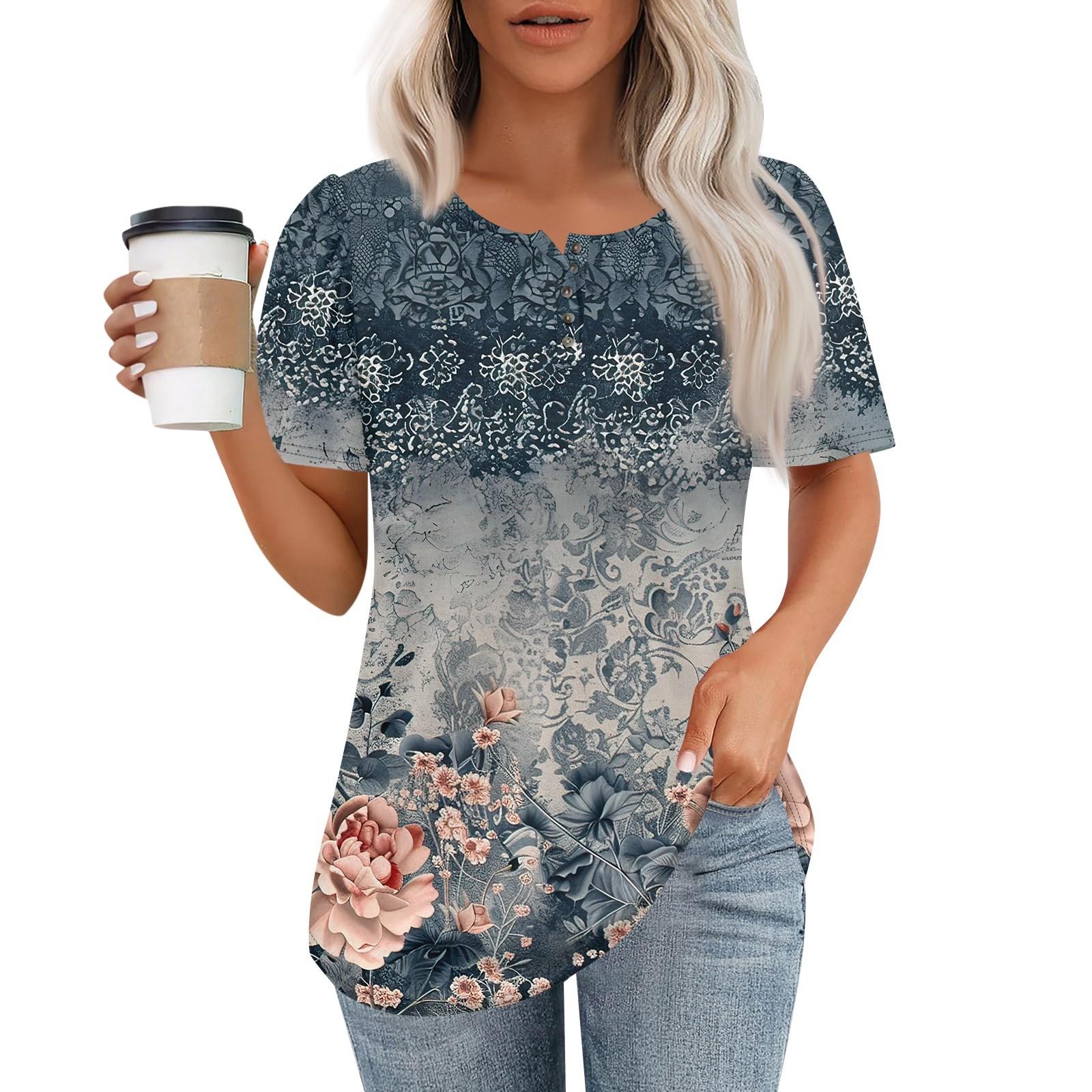 

Женский модный повседневный короткий рукав пуловер с принтом на пуговицах и круглым вырезом XXL тёмно-синий