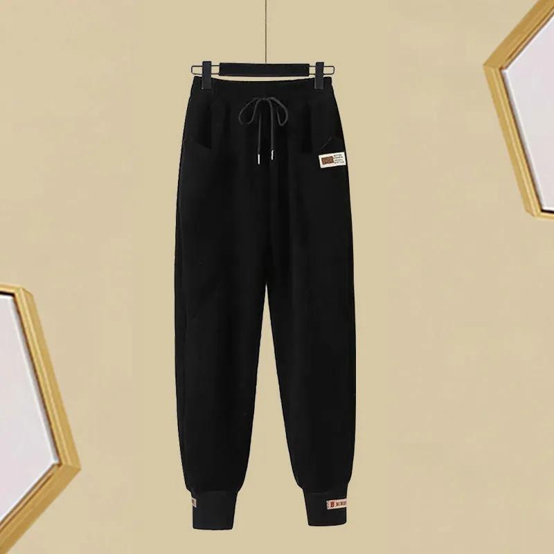 High-waisted Women's Trousers Thickened Plus Size Autumn Winter Solid Coloured Simple Loose Leisure Warm Drawstring Trousers