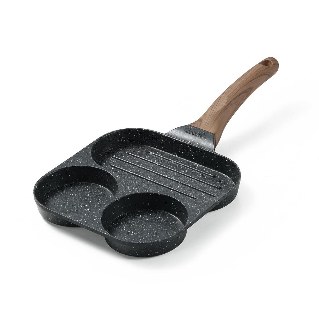 CAROTE CosyBlack 3-in-1 Egg Frying Pan Black, 2-Round Section Nonstick Breakfast Pan PFOA PFOS Free for IH