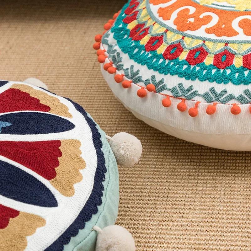 Moroccan Ethnic 45cm Round Cushion Cover Mandala Floral Embroidery Home Decor Living Room Throw Pillow Case Ball Decorative