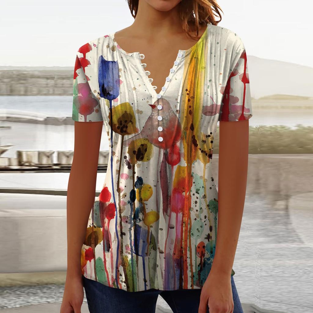 Women's Shirt Blouse Button Retro Print Short Sleeve Casual Basic Round Neck Regular Top