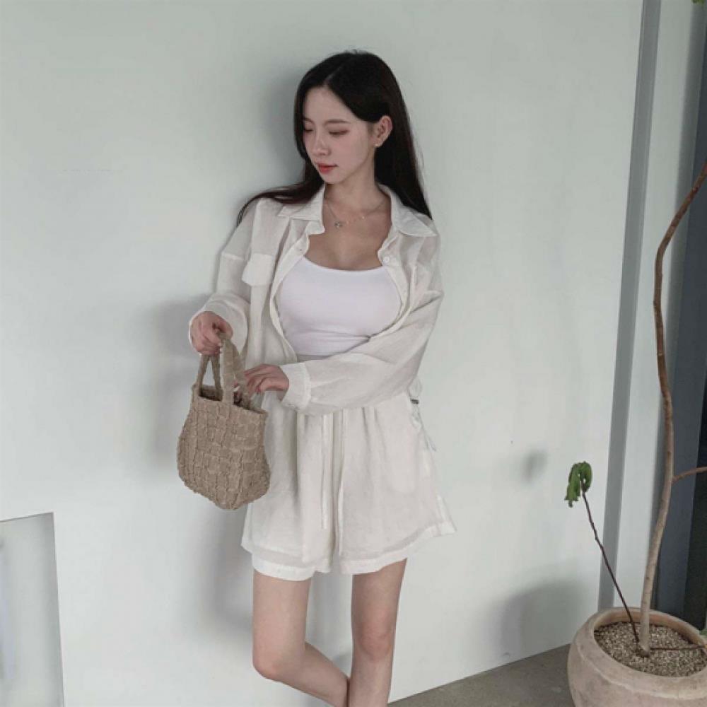 New ArrivalS Open Run Women S Linen String Sheer Long Sleeve Shirt And ShortS   