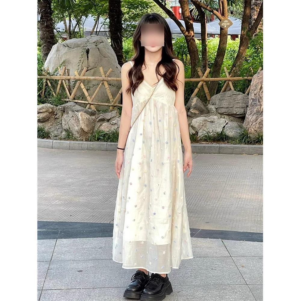 

Женское белое длинное летнее платье на тонких бретельках с V-образным вырезом – стиль для французского пляжного отдыха L (50-55kg)