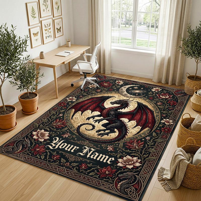 Dragon Phoenix Theme Crystal Velvet Rug Personalized Custom Name Text Soft Floor Mat Home Decor