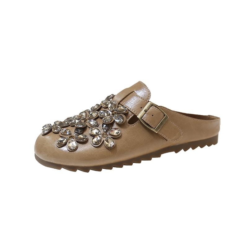 

Fashion Flat Shoes Women Fashion Round Head Shallow Mouth Rhinestone Flower Soft Sole Anti-slip Wear-resistant Slippers 40