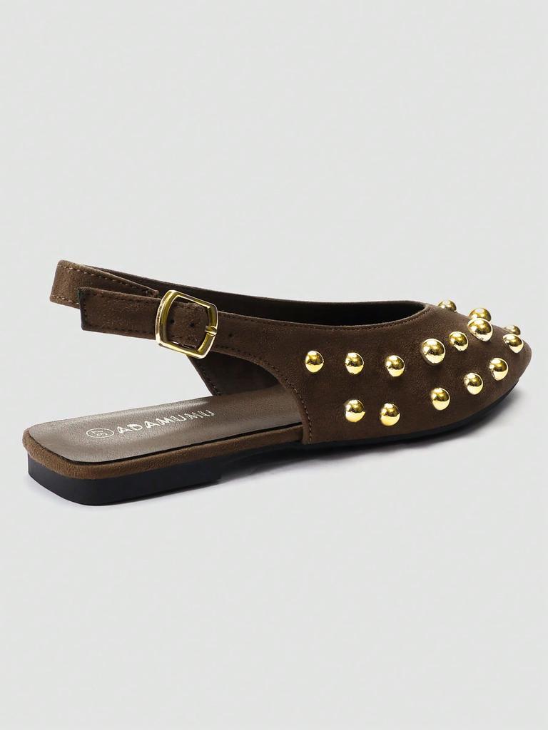 Brown Pointed Toe Mary Jane Backless Slip-on Sandals, Gold Metal Ball Decor, Adjustable Back Strap