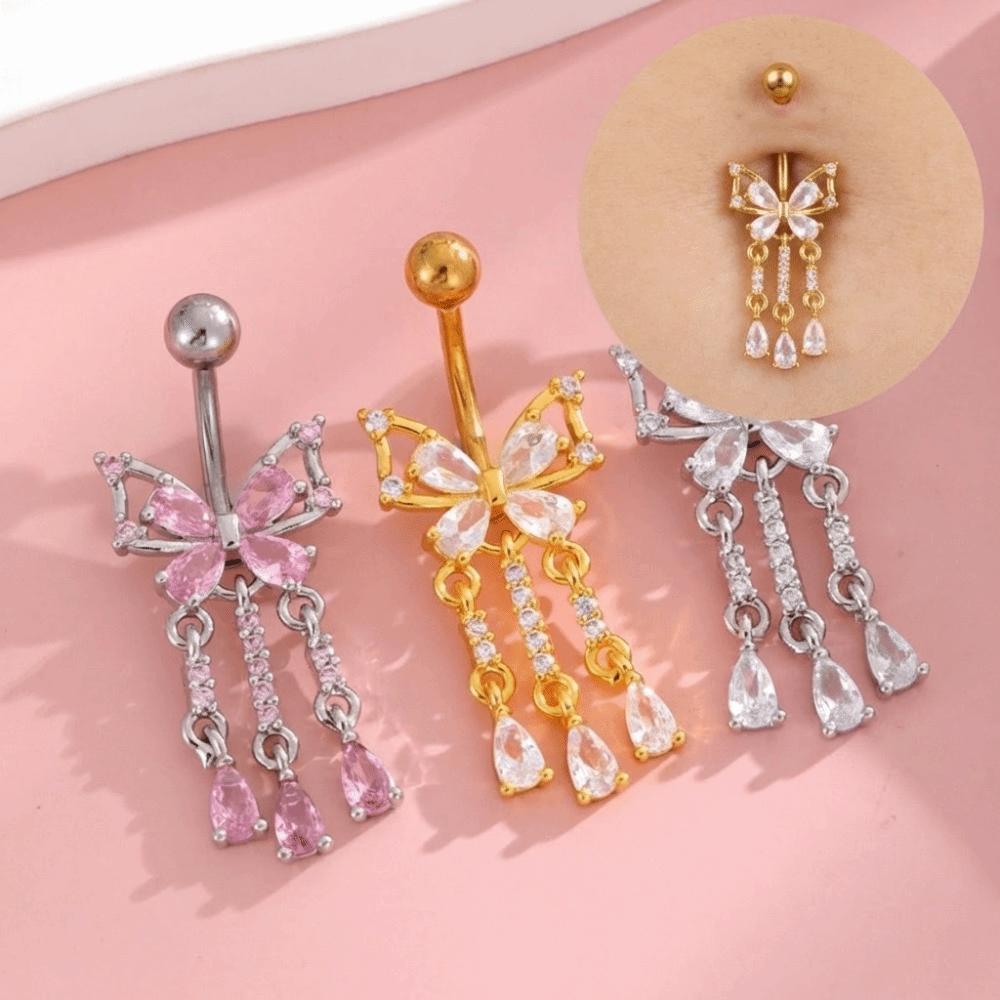 Bow Butterfly Navel Piercing Elegant Curved Barbell Fashion Dangled Belly Ring Party