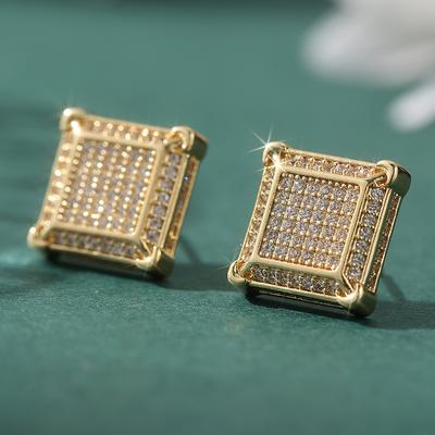 Rock Hip Hop Iced Out Stud Earrings For Men Male Women Square Zircon Studded Golden Color Piercing Ear Accessories Trend Jewelry