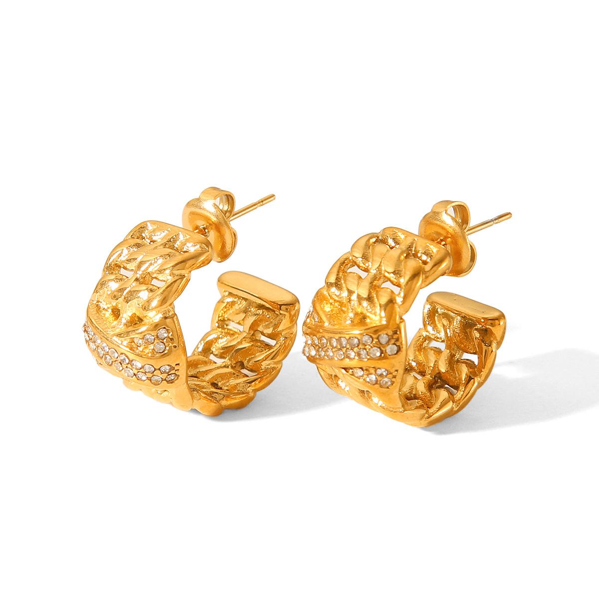 18k Gold Stainless Steel Stud Earrings, Multi-layer Chain Spliced Diamond-set Earrings, Stylish C-shaped Titanium Steel Earrings