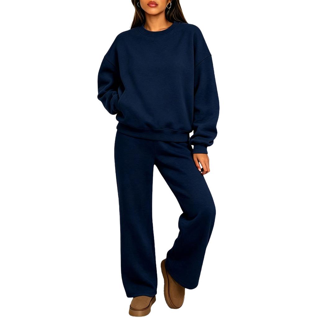 Damen 2-teiliges Set Farbe Hals Langarm Pullover Sweatshirt mit Elastischer Taille Jogginghose
